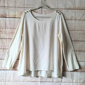 J.Jill Size 1X Button Shoulder Tee 3/4 Roll Tab Sleeve Scoop Neck Off White Top.